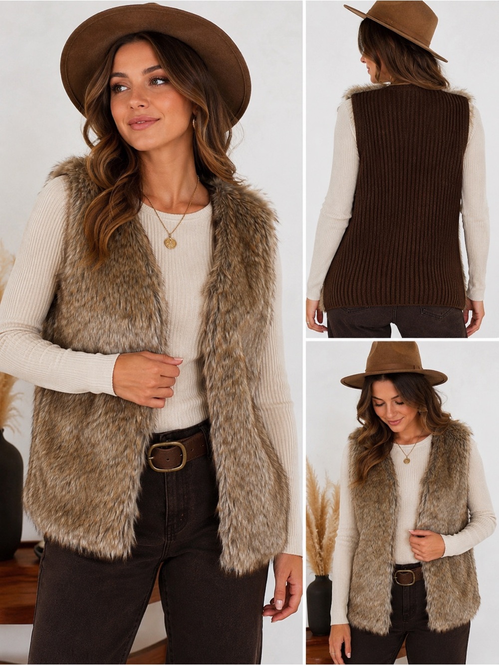 Le Moda Faux Fur Sweater Vest S Chocolate Brown Ribbed Knit Boho Western 70s